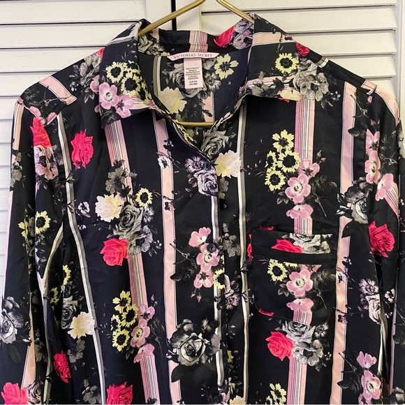 Victoria Secret Silky Sleep Shirt Black/Pink Striped with Pink Flowers Size Sm - Picture 2 of 6